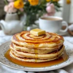 A stack of cinnamon swirl pancakes topped with butter and syrup.