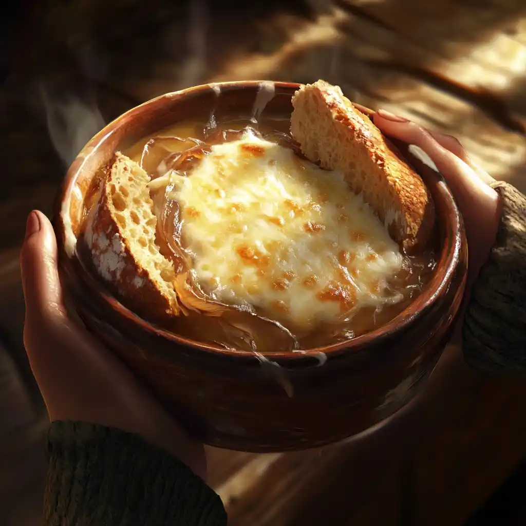 A bowl of French onion soup with melted cheese topping.