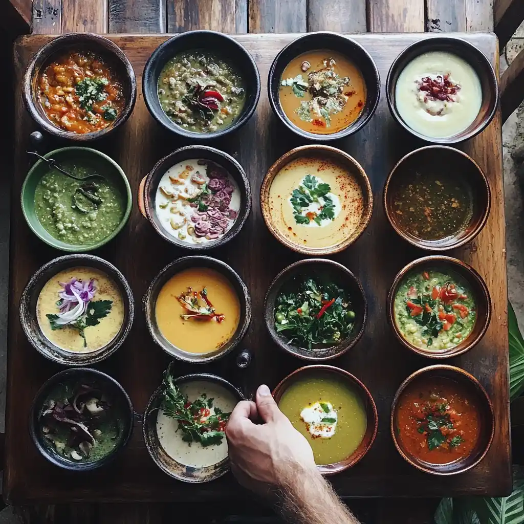 A variety of popular soups on a table, showcasing global flavors.