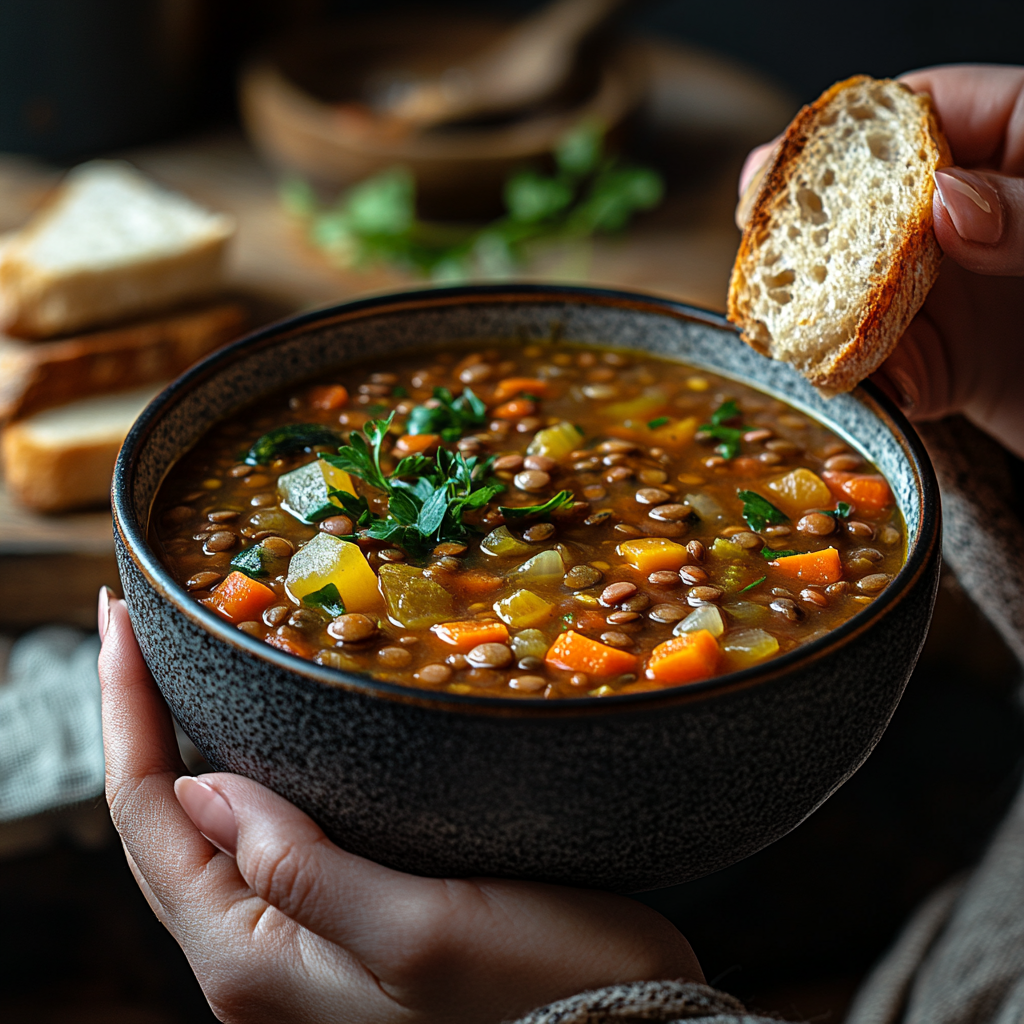 A bowl of lentil soup with vegetables and bread.