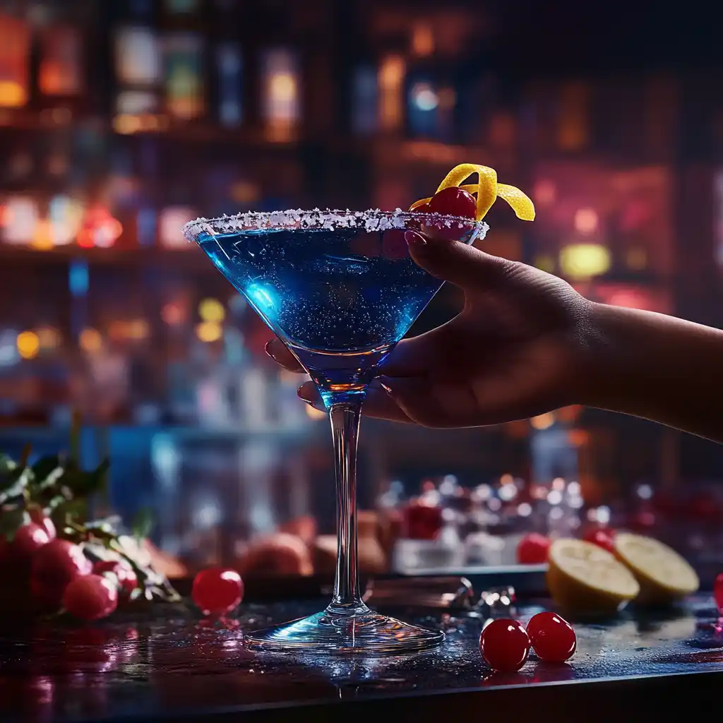 A vibrant Blue Martini garnished with a lemon twist and cherry.