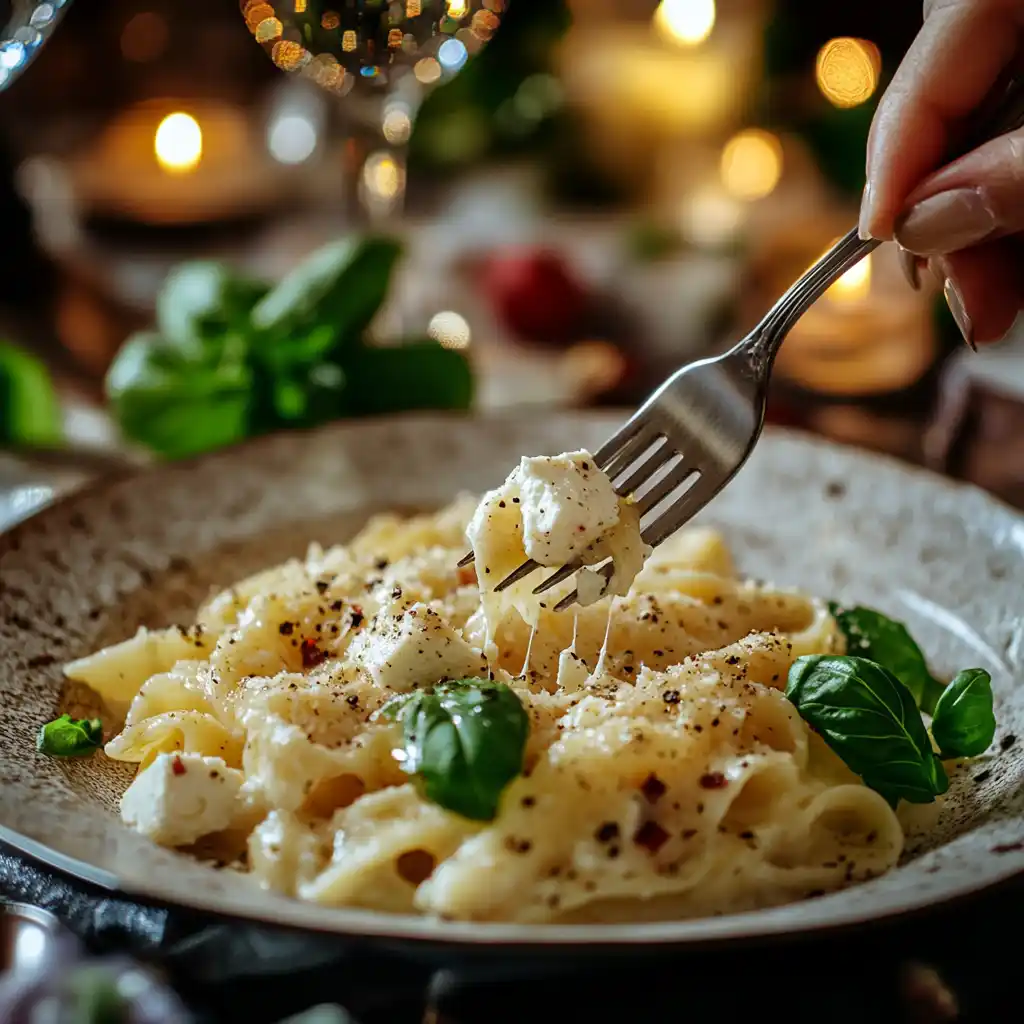 A bowl of creamy Baked Feta Cheese Pasta with More Vegetables.