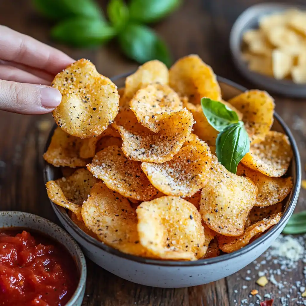 A bowl of crispy pasta chips with marinara dip.