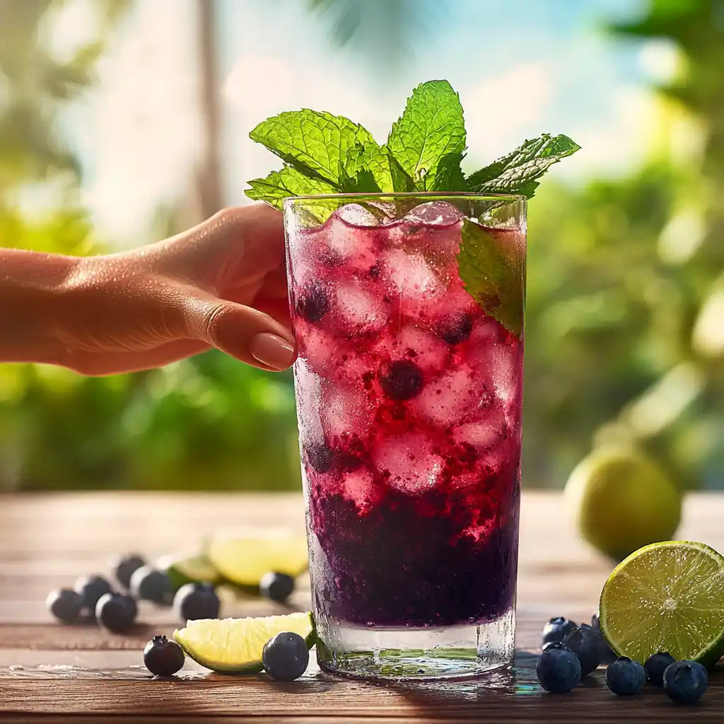 A vibrant Blueberry Mojito cocktail garnished with mint and lime.