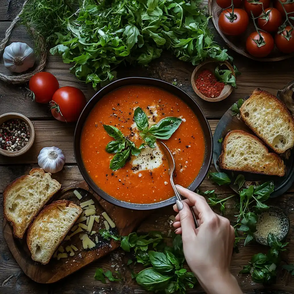 A bowl of tomato soup with basil and grilled cheese sandwich on a rustic table.