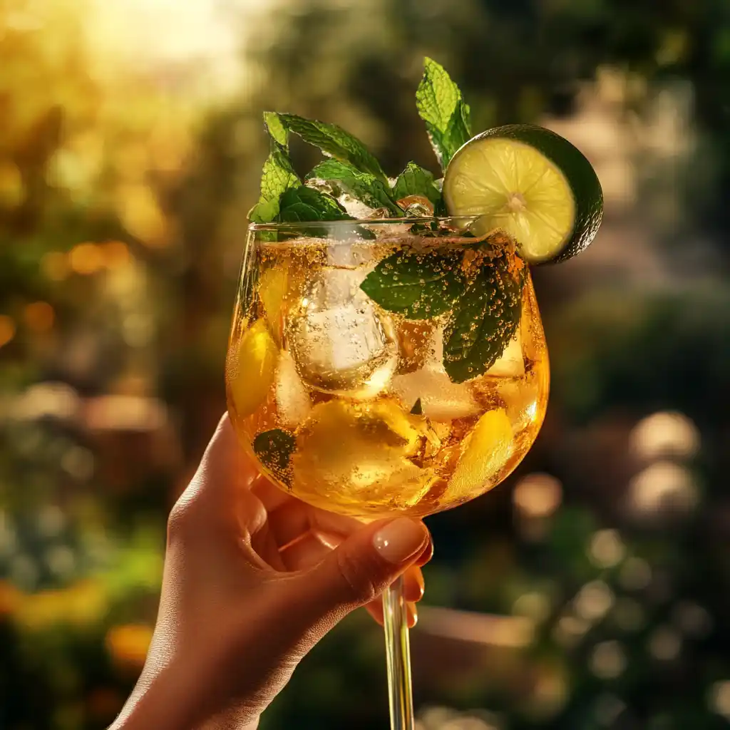 A Hugo Spritz cocktail garnished with fresh mint and lime in a wine glass.