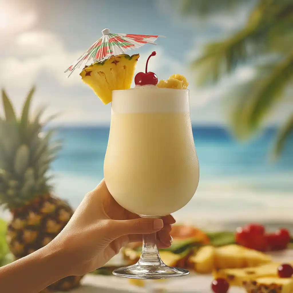 Traditional Piña Colada garnished with pineapple and cherry on a tropical beach.