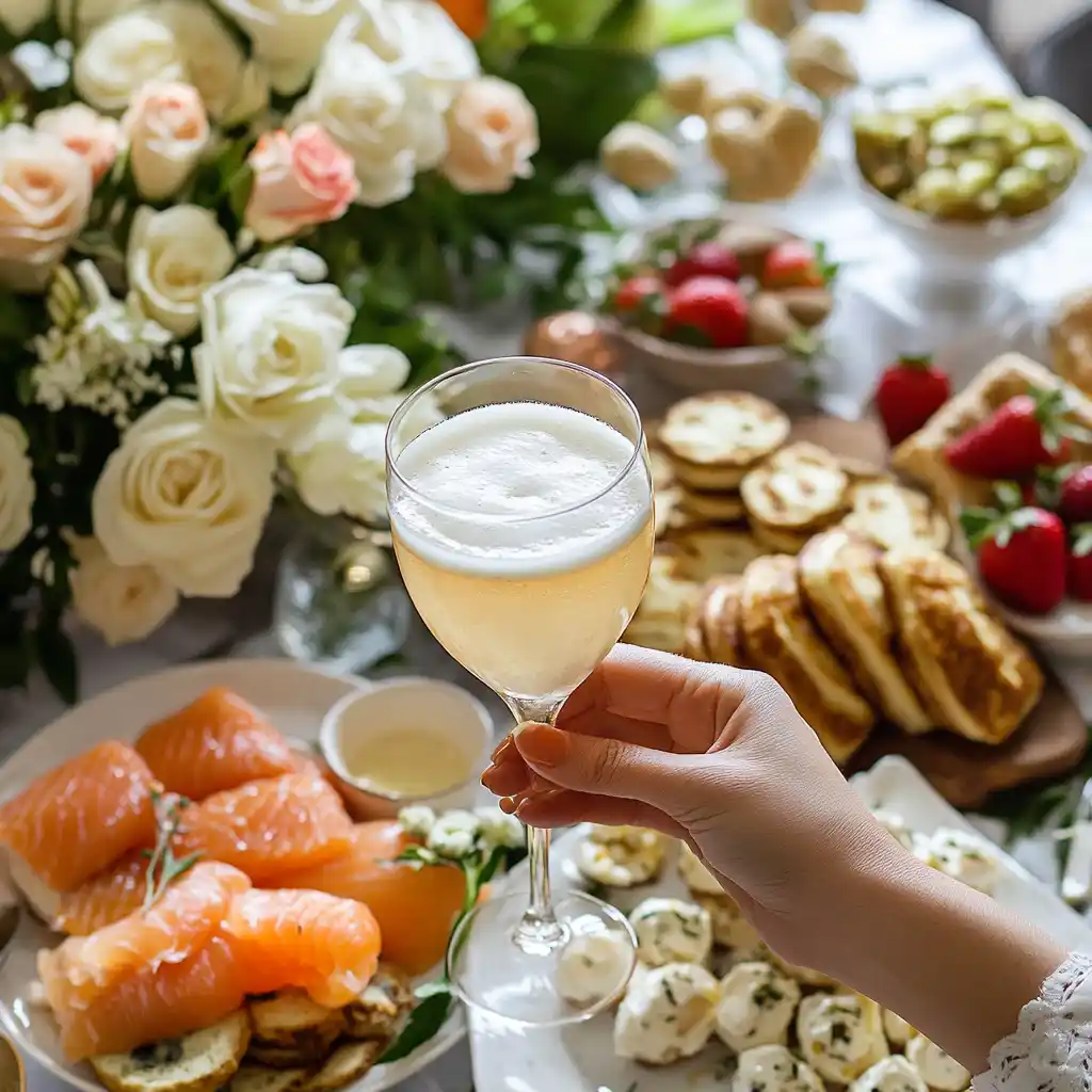 A Bellini Drink served with a gourmet brunch spread.