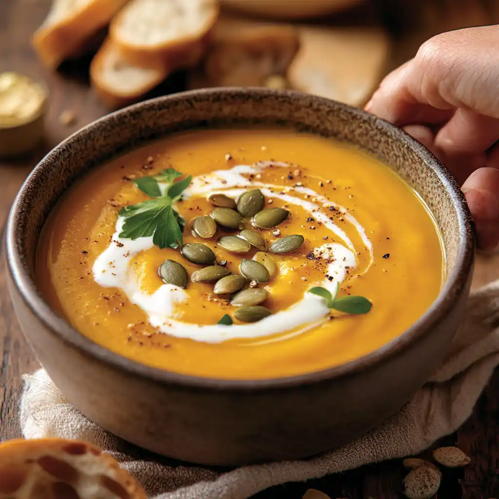 A bowl of creamy butternut squash soup with garnishes.