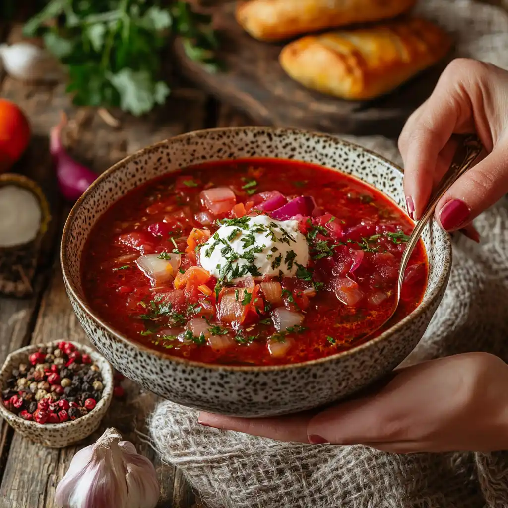 A bowl of Ukrainian borscht with sour cream and fresh dill.