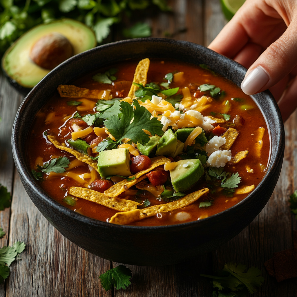 A bowl of Mexican tortilla soup with crispy tortilla strips, avocado, and cheese.