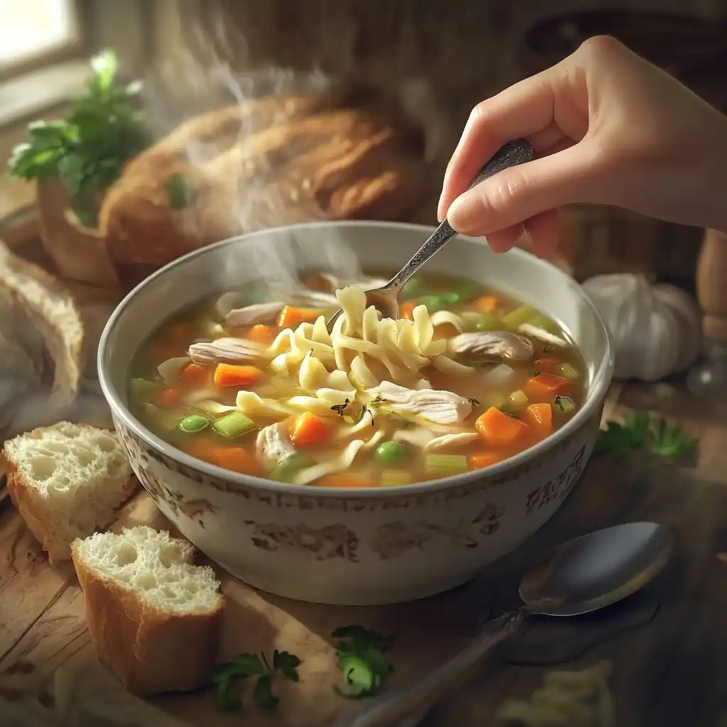 A bowl of classic chicken noodle soup with bread.