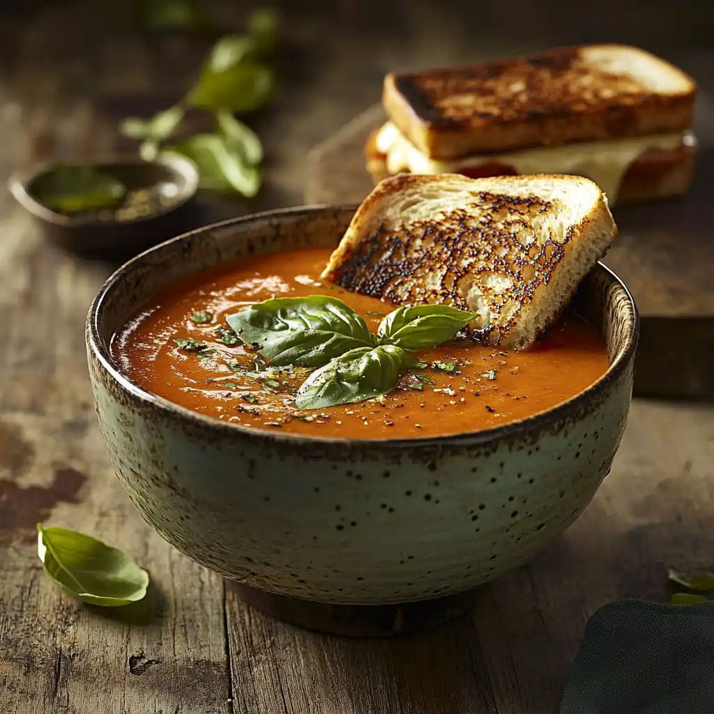 A bowl of tomato soup with basil and grilled cheese sandwich on a rustic table.