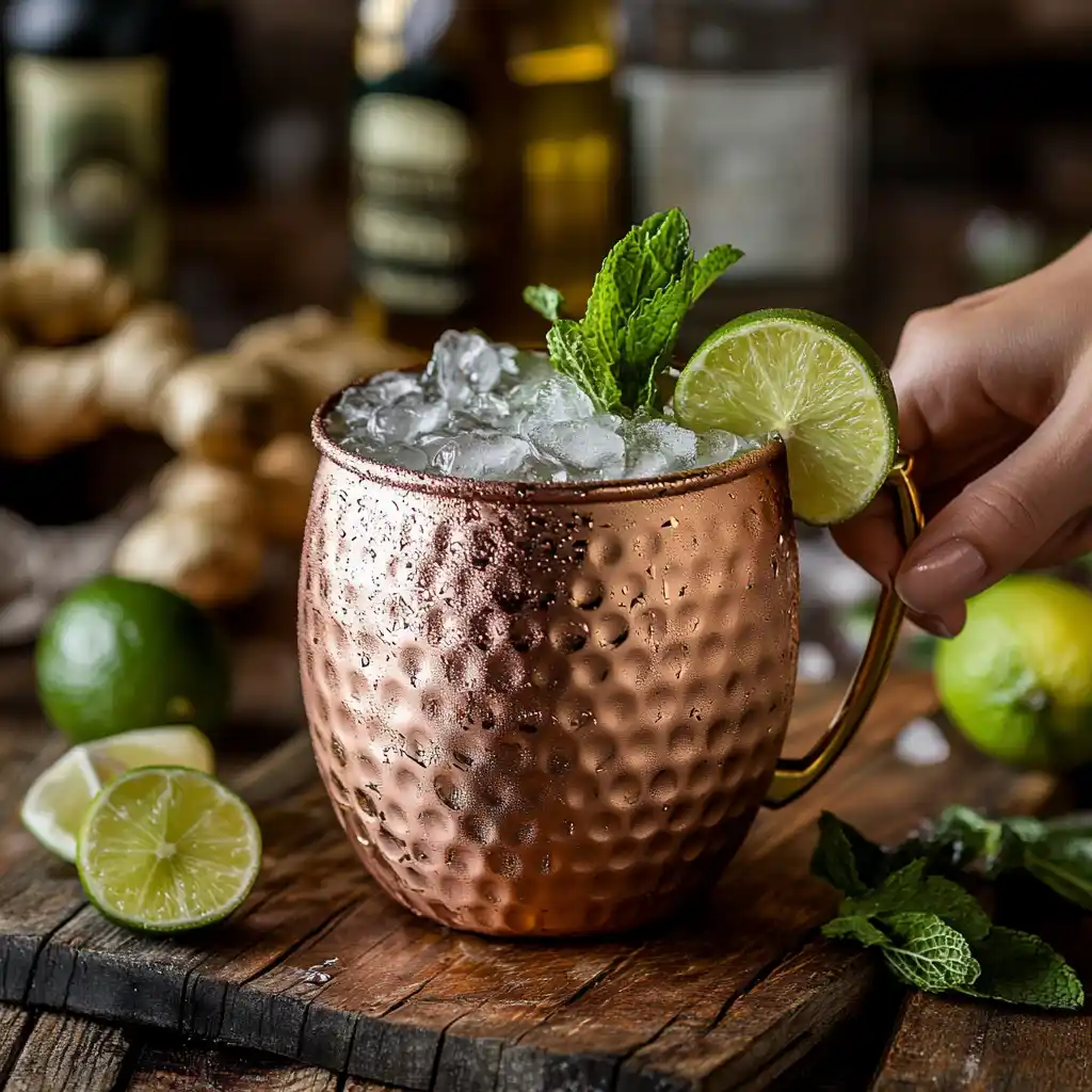 A Moscow Mule in a traditional copper mug with lime and mint garnish.