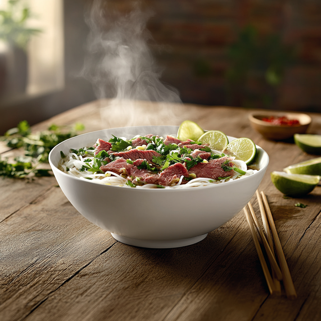 A bowl of Vietnamese pho with fresh herbs, lime, and rice noodles.