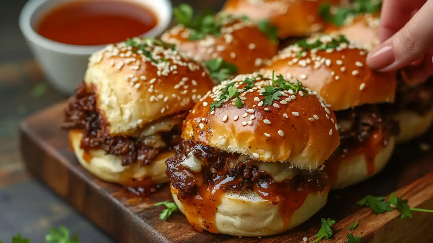 A tray of freshly baked roast beef sliders with melted cheese and a buttery glaze.