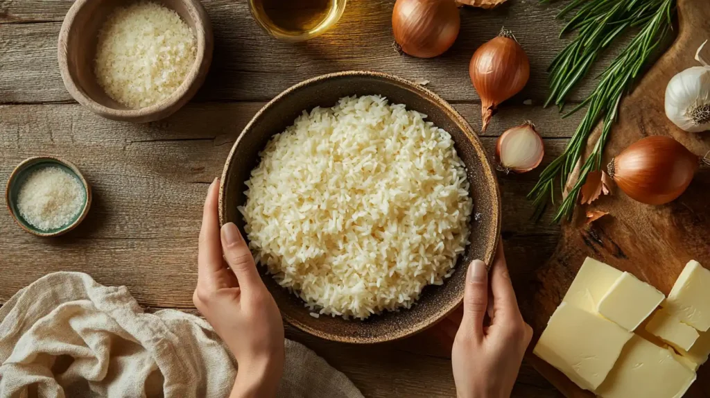 Fresh ingredients for making French onion rice.