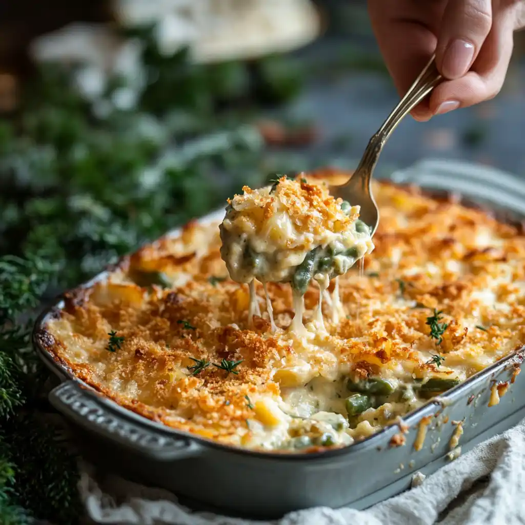 Freshly baked Green Bean Casserole Recipe with a crispy onion topping.