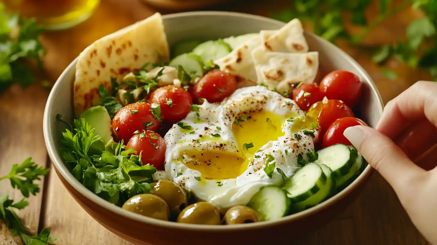 A vibrant Mediterranean breakfast bowl with eggs, Greek yogurt, hummus, and fresh vegetables.