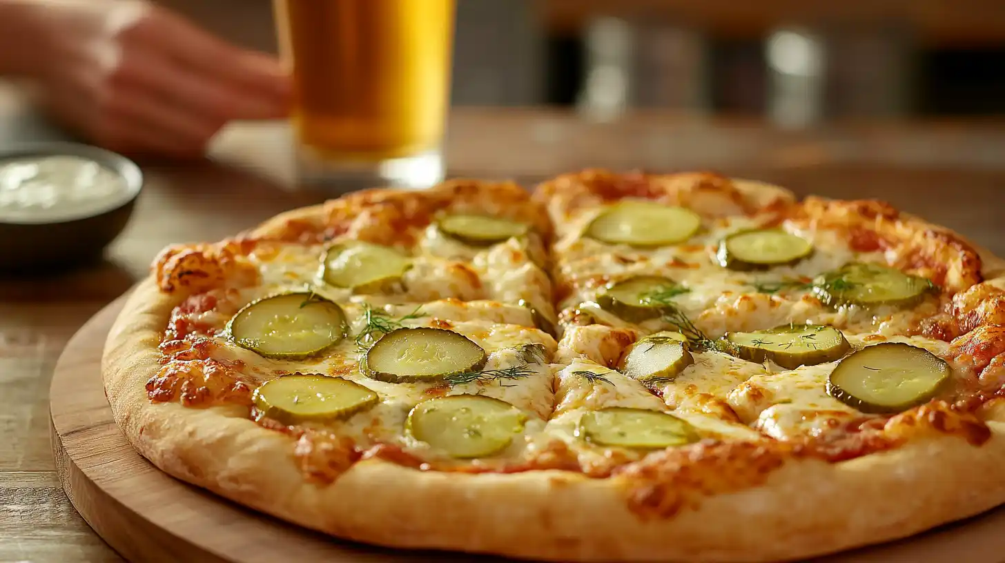 A crispy pickle pie pizza with melted cheese and fresh dill on a wooden board.