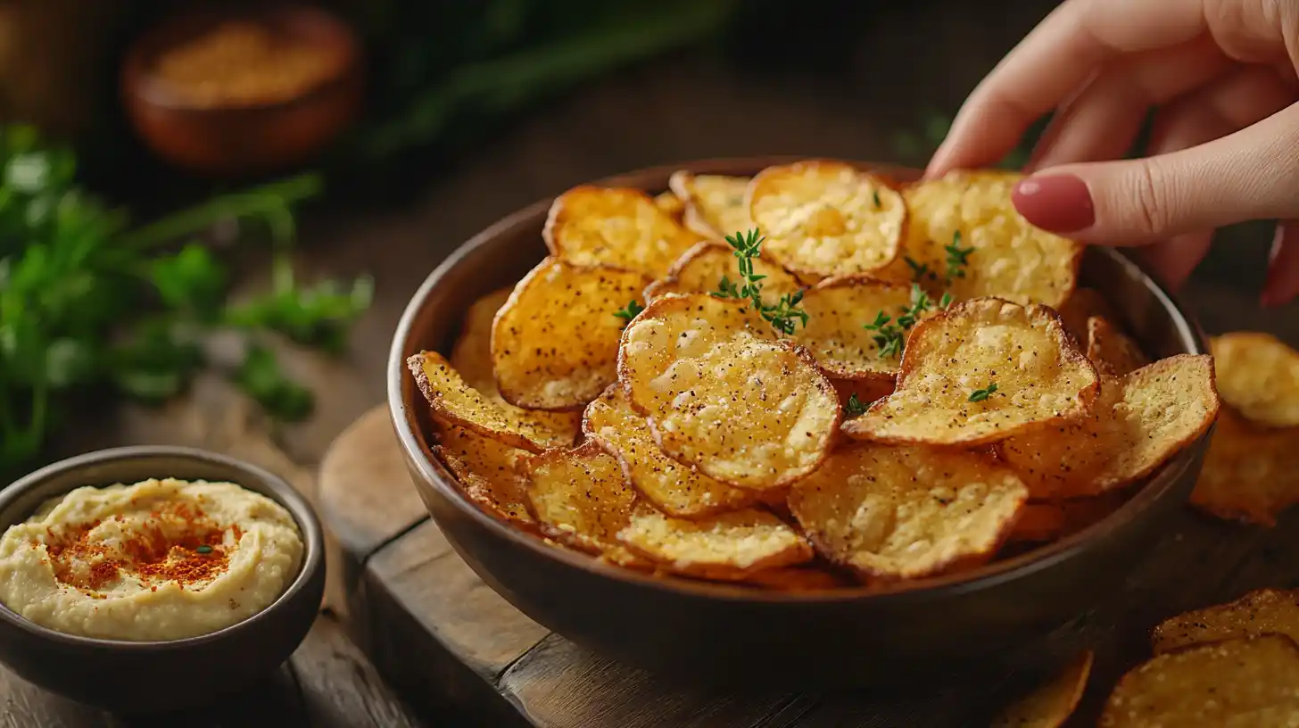 A bowl of crispy, golden bagel chips with a side of hummus.