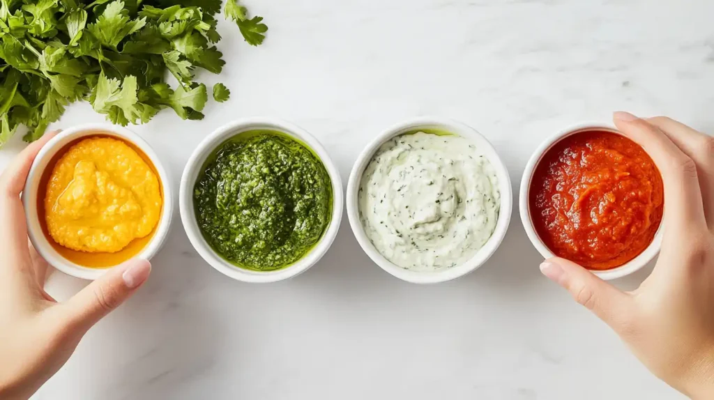 An assortment of dips placed around a fresh vegetable tray.