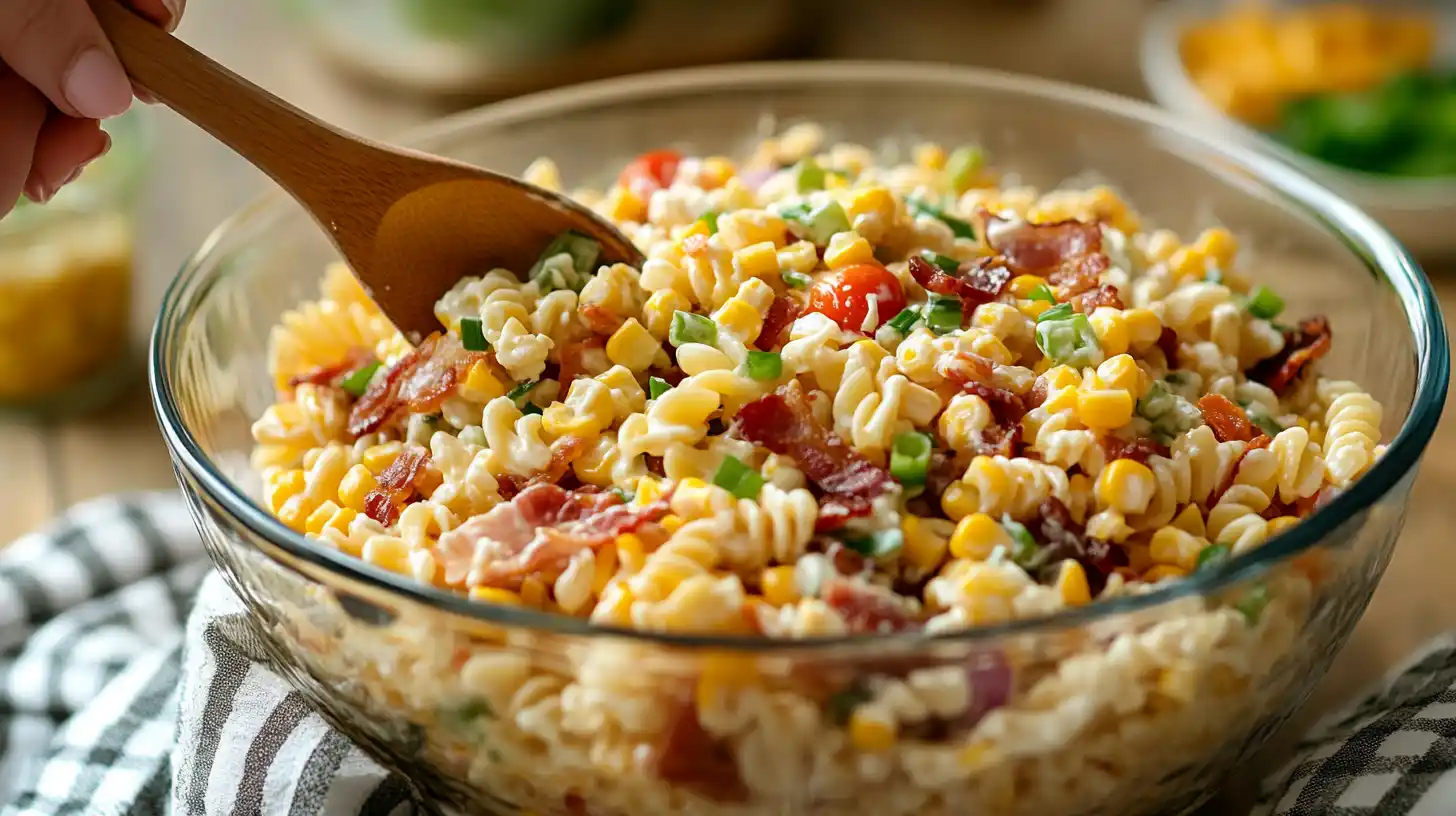 A bowl of cowboy pasta salad with bacon, cheese, and smoky dressing.