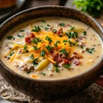 A bowl of creamy hamburger potato soup with cheese and bacon on top.