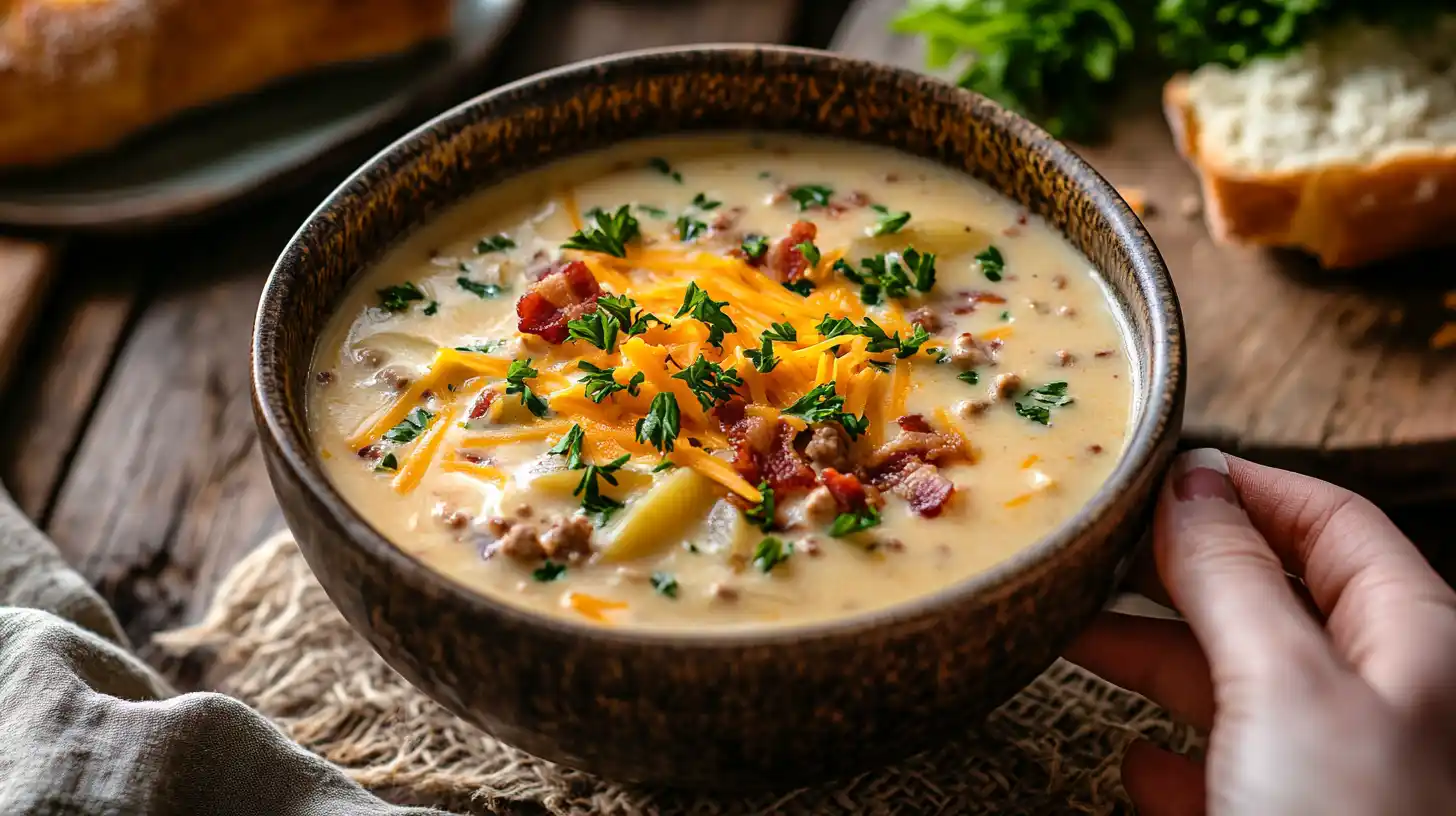 A bowl of creamy hamburger potato soup with cheese and bacon on top.