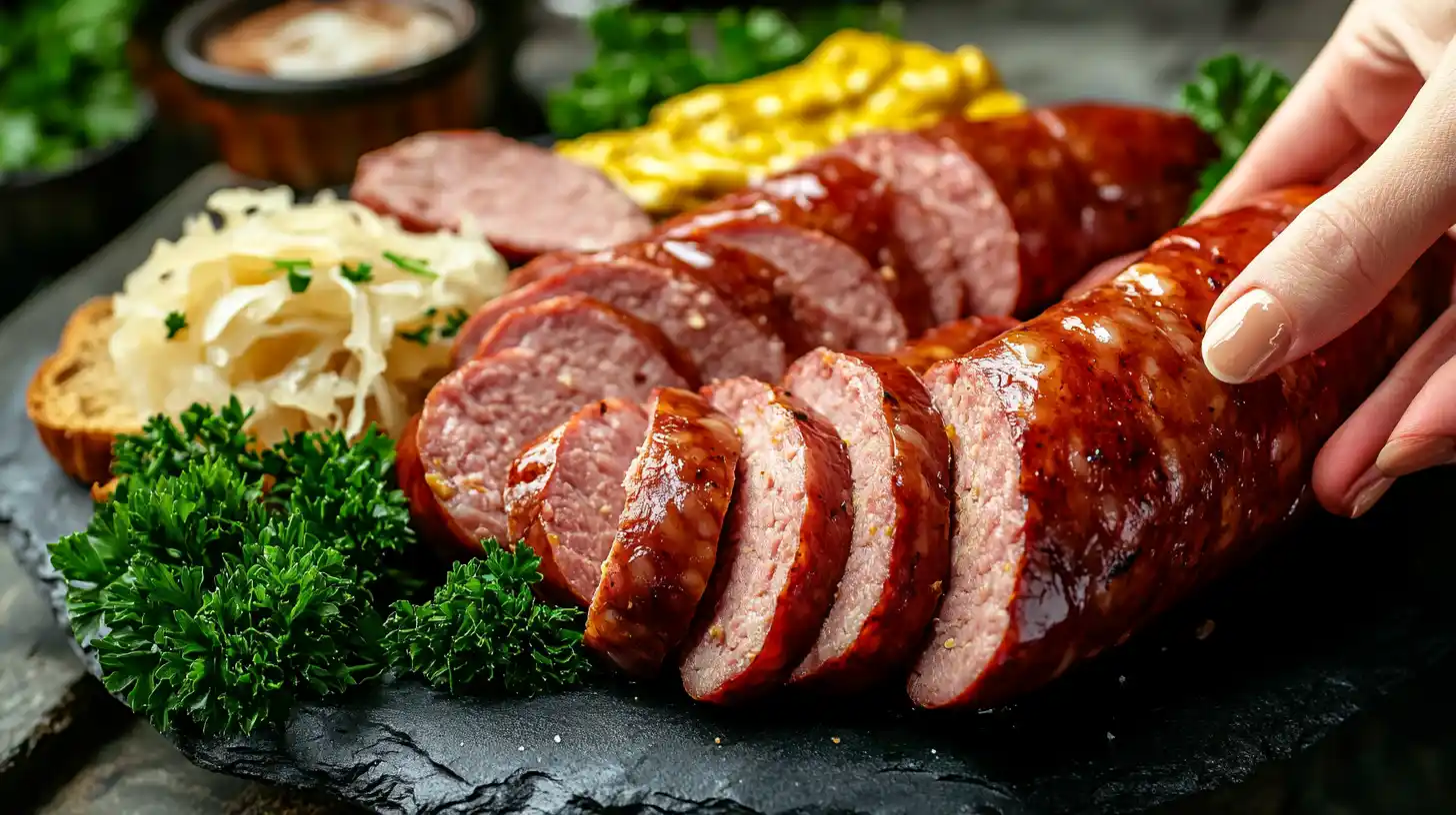 Grilled Polska kielbasa served with mustard and sauerkraut.