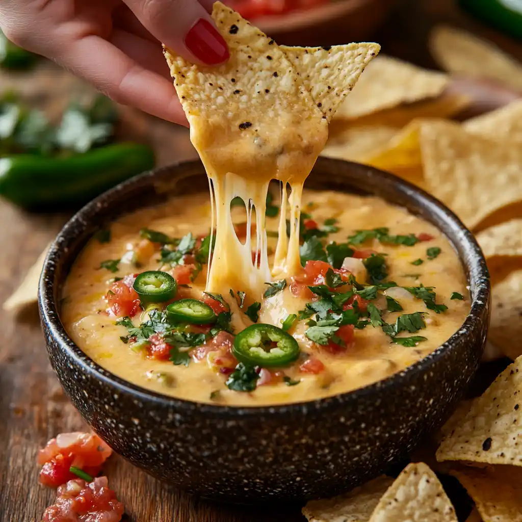 A bowl of creamy Tex-Mex queso with tortilla chips.