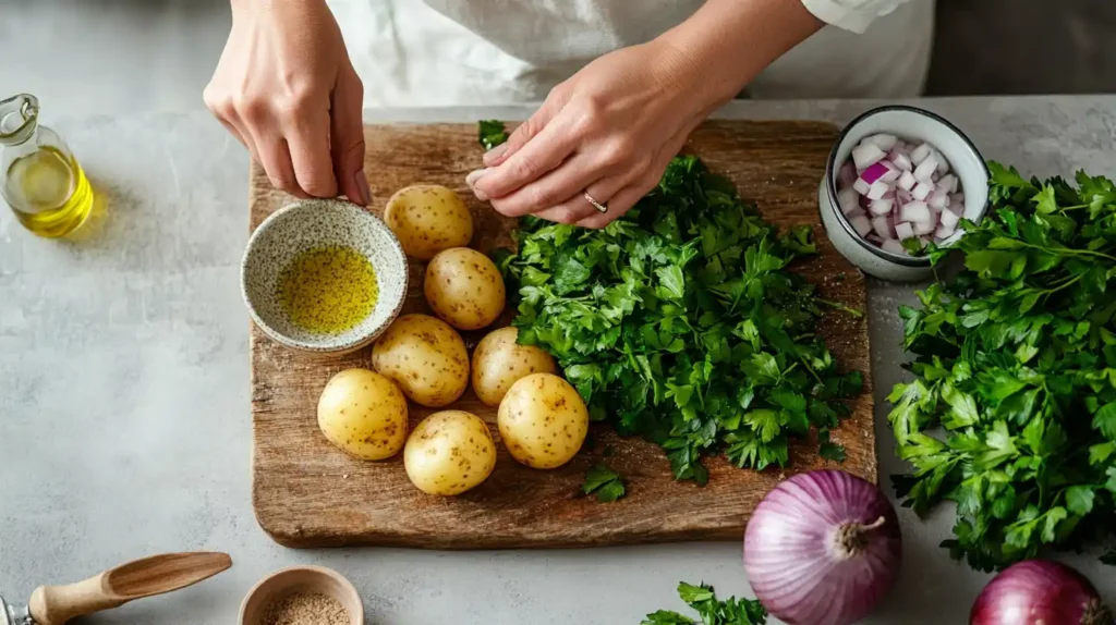 Fresh ingredients for making vegetarian German potato salad.