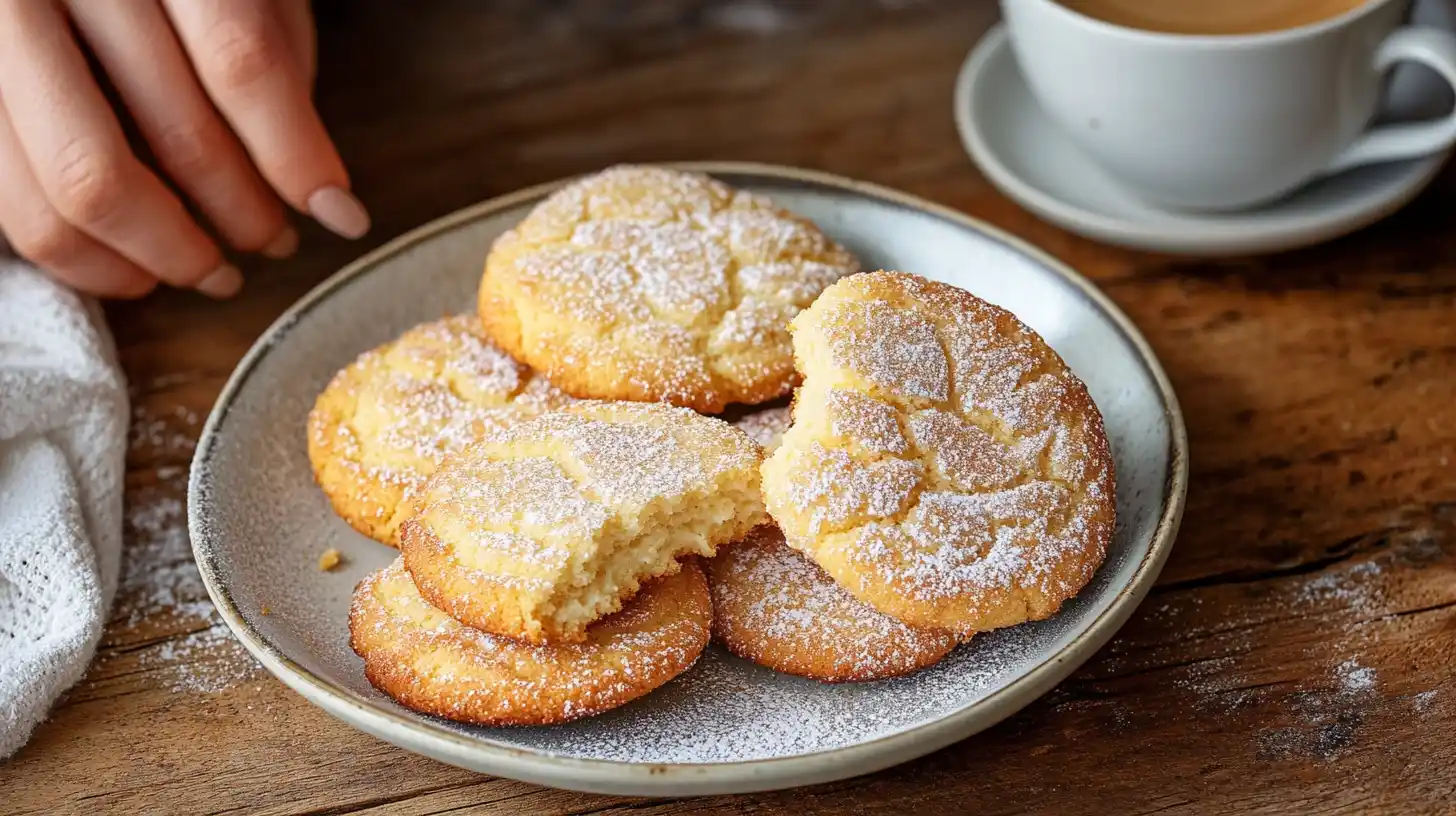 A stack of cheesecake cookies with a gooey cheesecake filling inside.