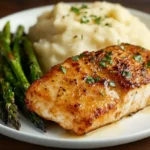 A perfectly cooked rockfish fillet with lemon butter sauce and fresh herbs.