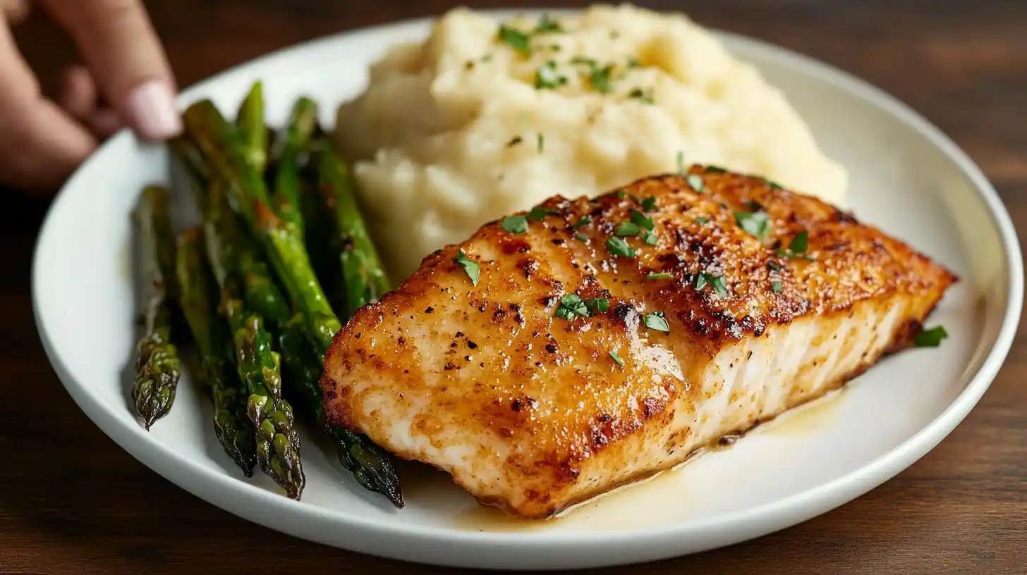 A perfectly cooked rockfish fillet with lemon butter sauce and fresh herbs.