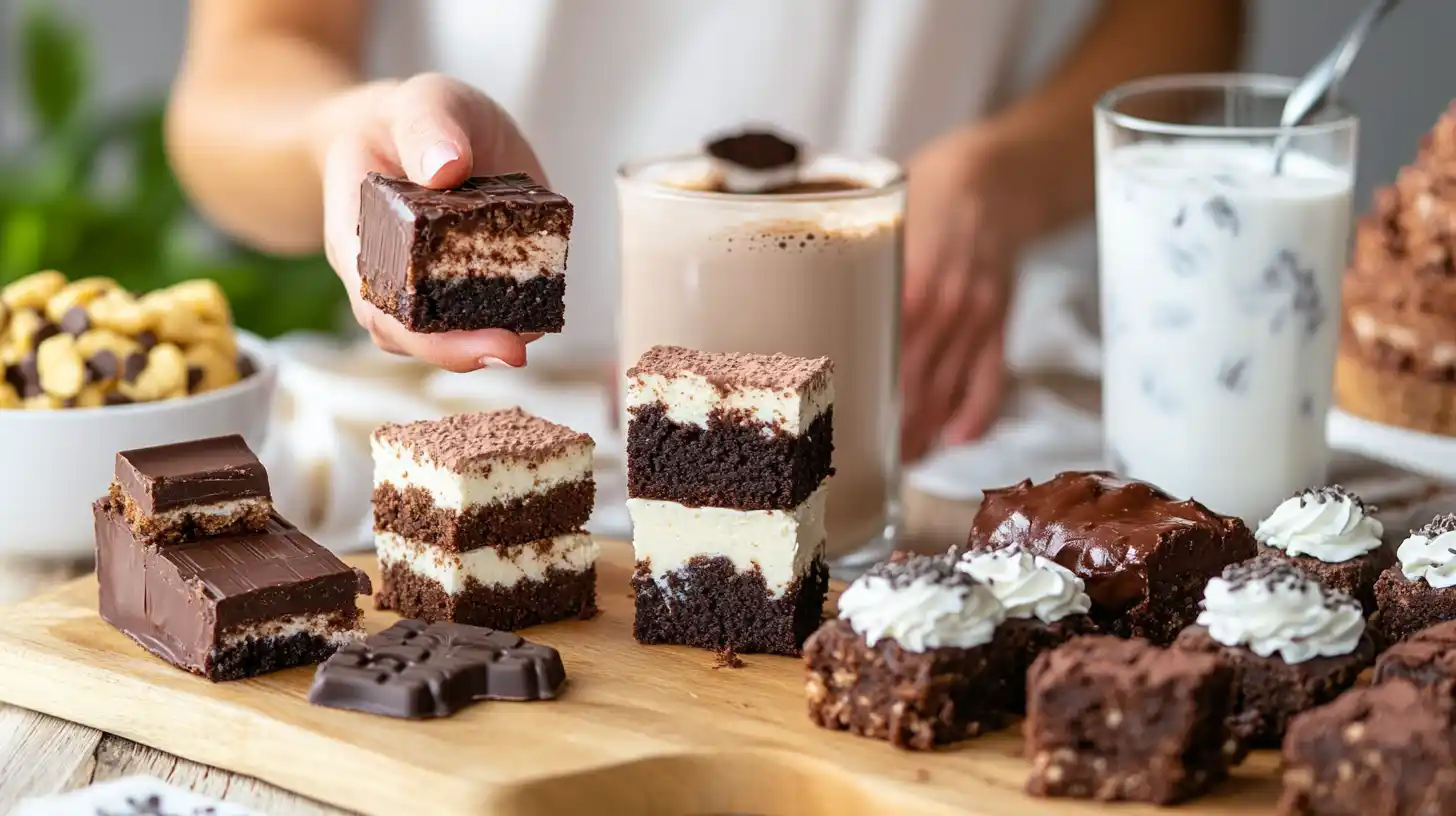 A platter of high protein desserts, including brownies, cookie dough bites, and parfaits.