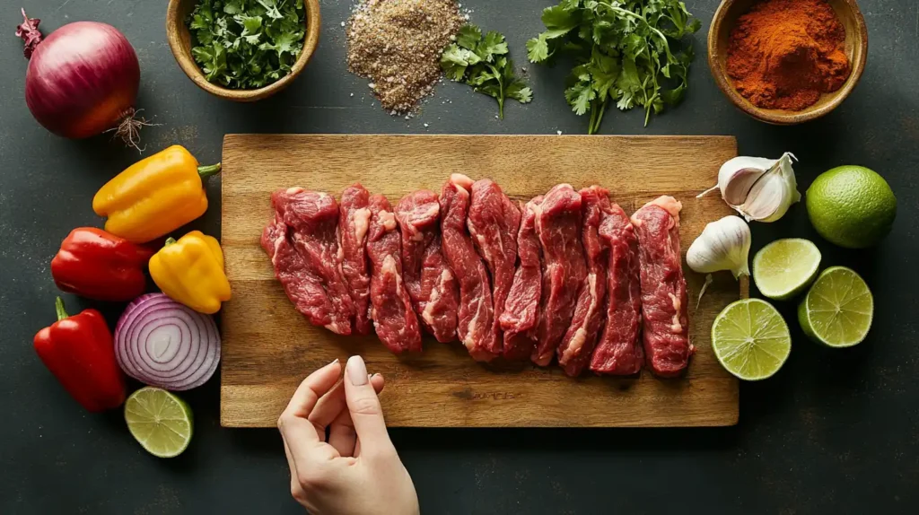 Ingredients for making sheet pan steak fajitas, including steak, peppers, and spices.