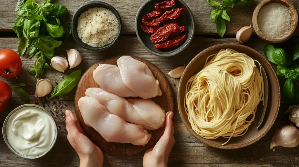 A selection of fresh ingredients for making Marry Me Chicken Pasta.