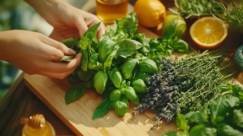 A selection of fresh herbs used for making herbal mocktails.