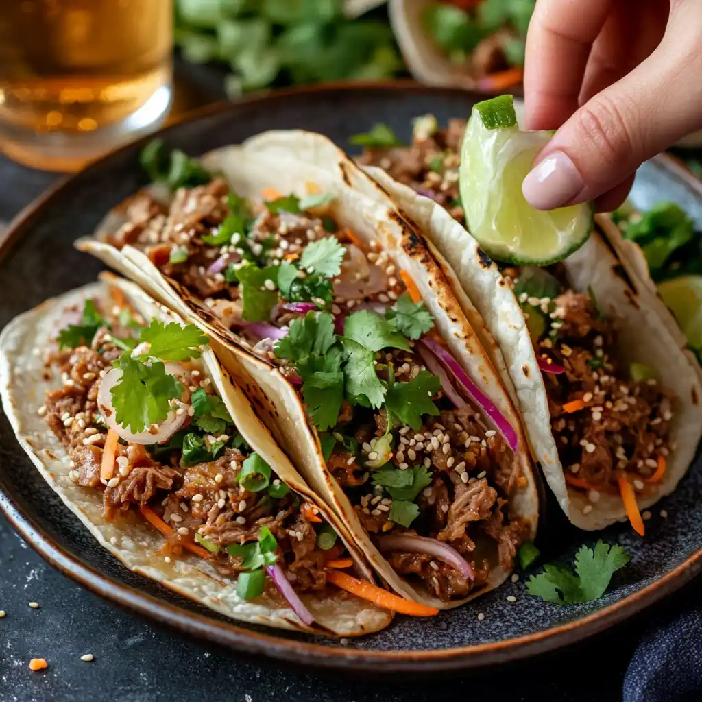 A plated serving of Bulgogi Tacos with lime juice being squeezed on top.