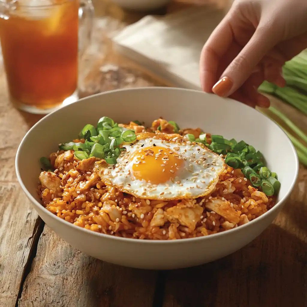 A plated bowl of kimchi chicken fried rice with a fried egg and sesame garnish.