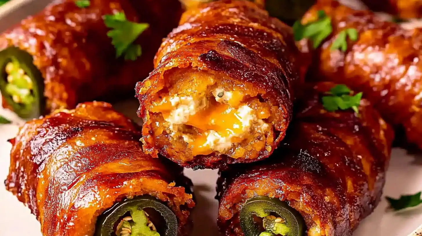 A plate of crispy, smoked armadillo eggs sliced open to reveal melted cheese and jalapeño.