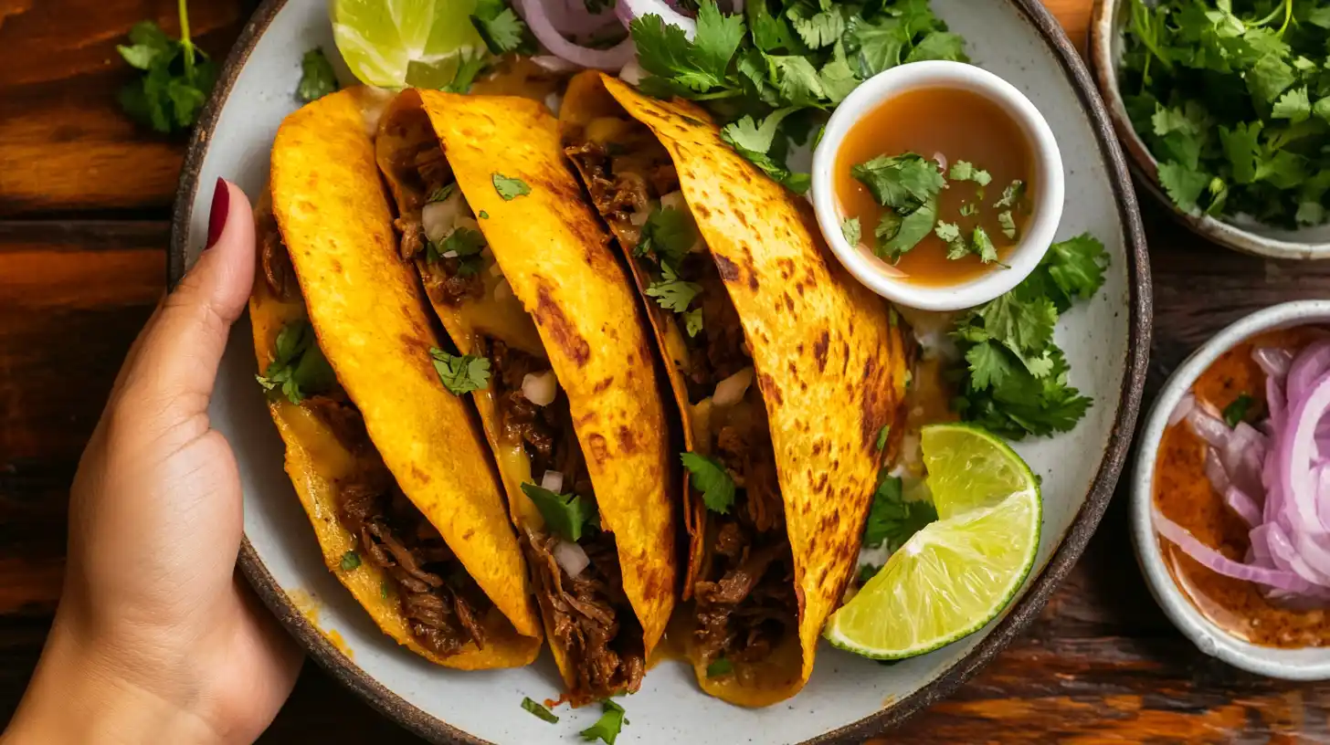 Crispy birria quesadillas served with consommé and fresh cilantro.