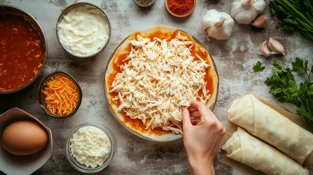 Fresh ingredients for making buffalo chicken egg rolls.