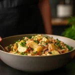 A bowl of vegetarian German potato salad with caramelized onions and mustard dressing.