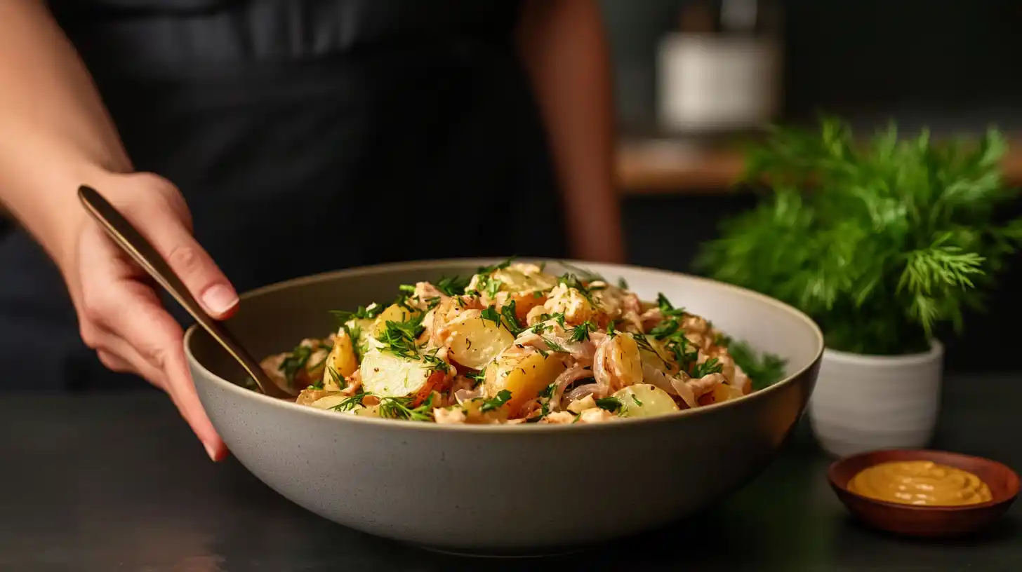 A bowl of vegetarian German potato salad with caramelized onions and mustard dressing.