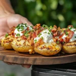 Baked Potato on Grill with crispy skin, topped with butter, sour cream, bacon, and chives.