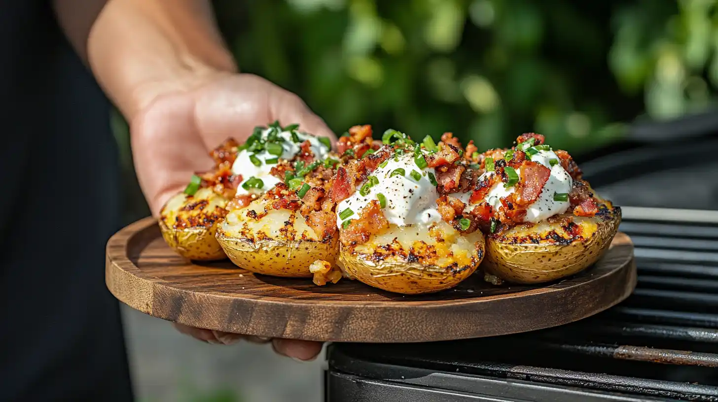 Baked Potato on Grill with crispy skin, topped with butter, sour cream, bacon, and chives.