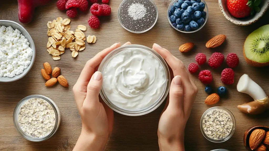 Ingredients for making high protein yogurt bowls.