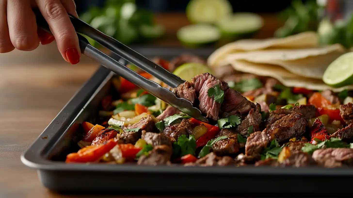 Sheet Pan Fajitas Steak, bell peppers, and onions.